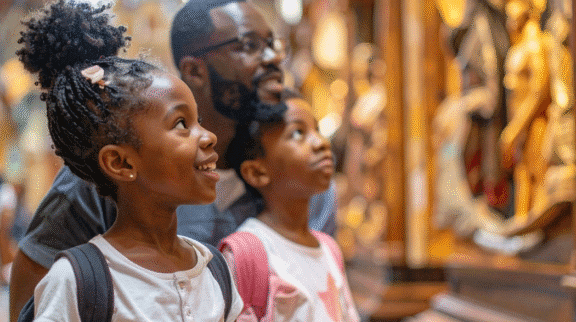 Father and two children visiting museum